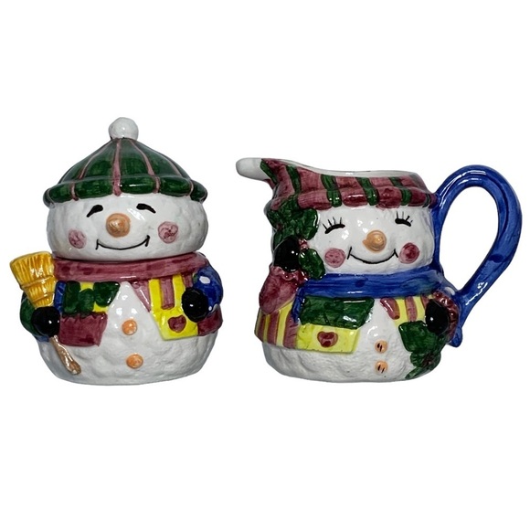 Vintage Snowman Cream Pitcher Sugar Bowl Set Artisan Ceramic Winter Christmas - Picture 2 of 16